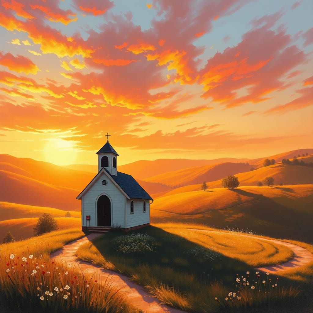 Church in Rolling Hills at Sunset: Impressionistic Style