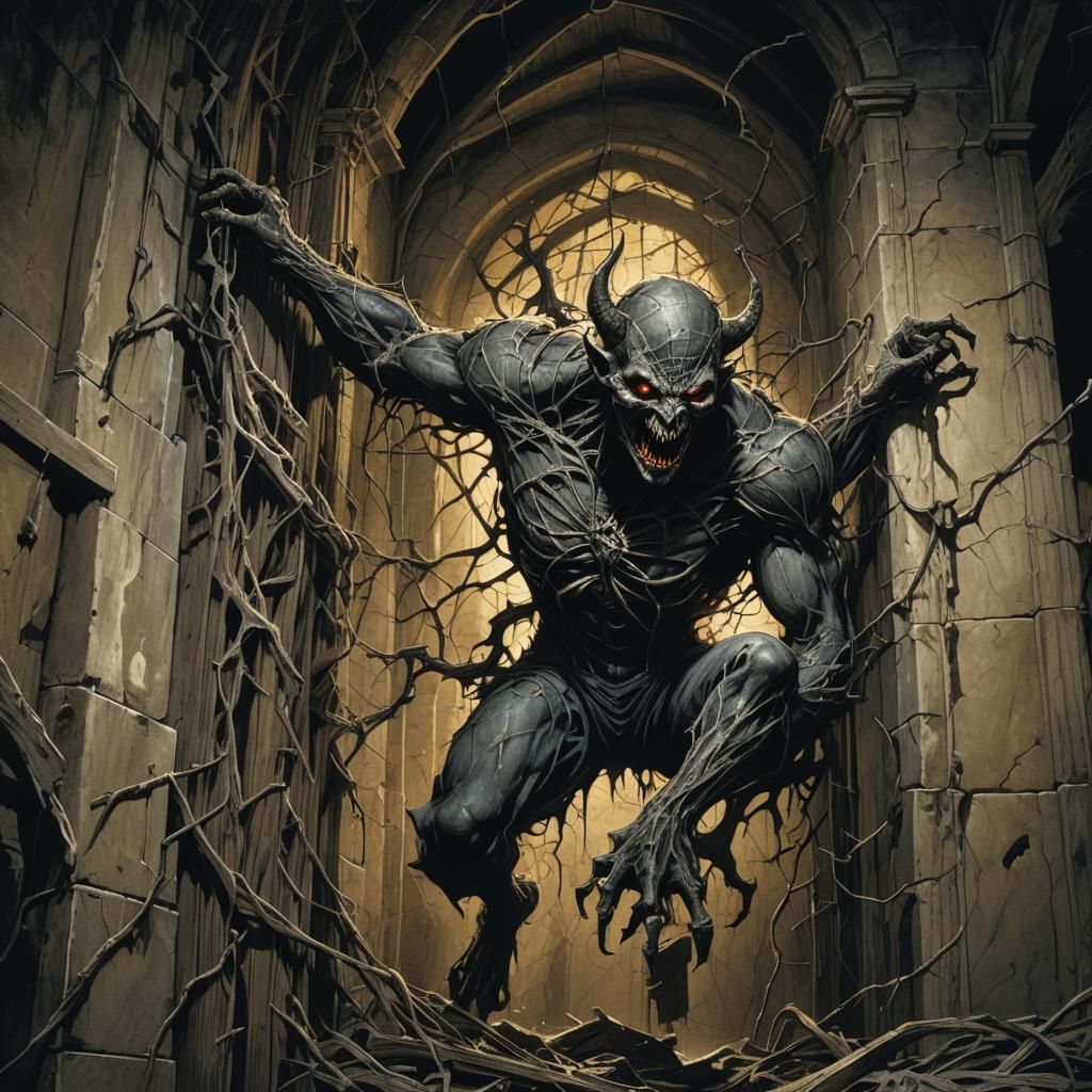 Eerie Demon Emerges from Web: Dark Fantasy Art