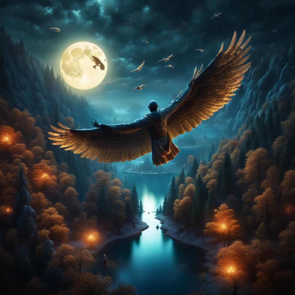 Glowing Figure Soaring Over Moonlit Landscape