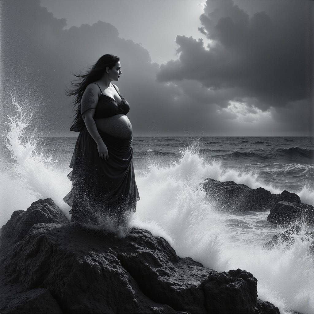 Serene Figure Amidst Turbulent Sea in Neo-Impressionist Styl...