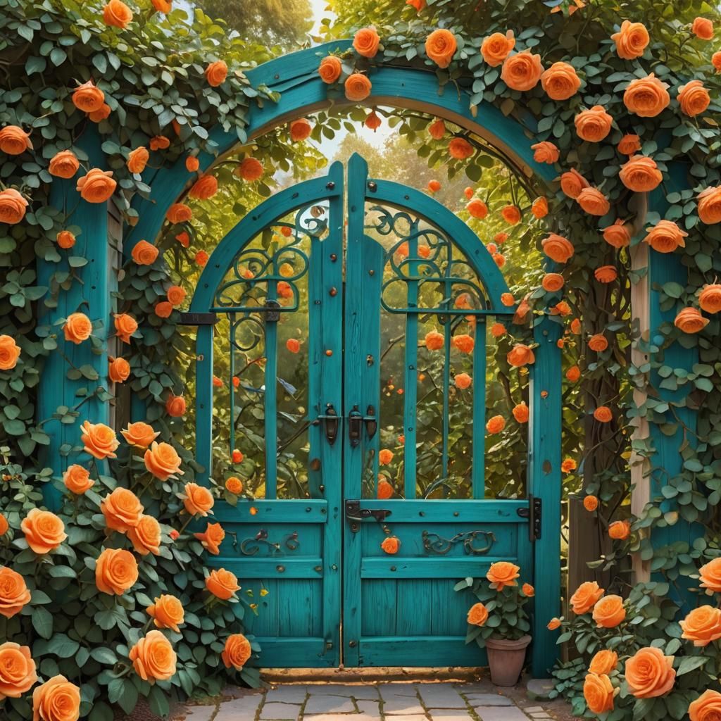 Ornate Teal Garden Gate to Floral Secret Garden