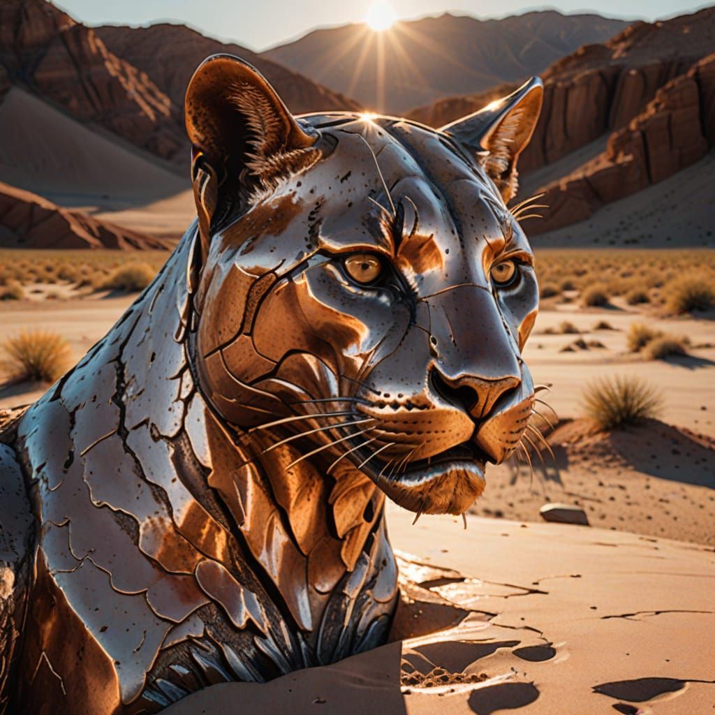 Polished Copper Cougar Sculpture in Desert Landscape