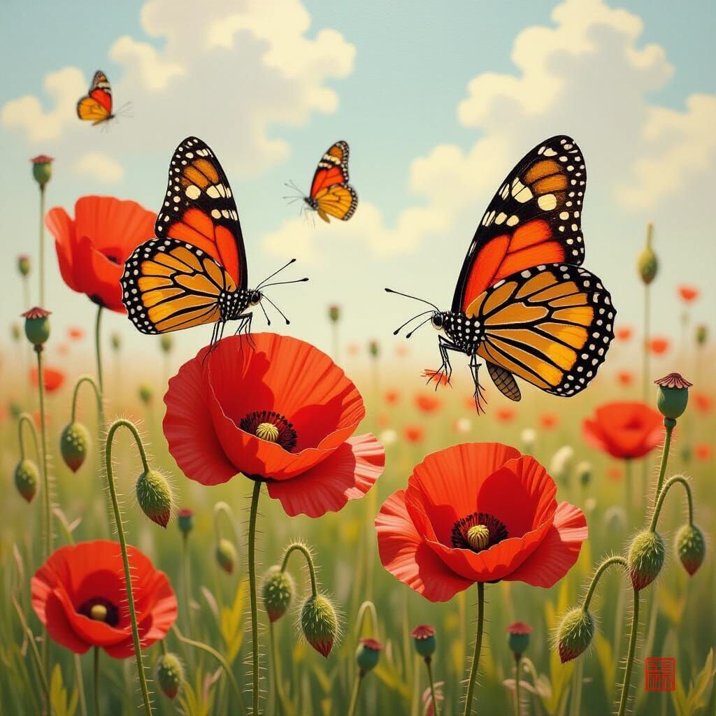 Butterflies and Poppies: Summer Afternoon in Oil