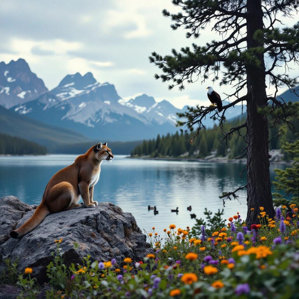 Majestic Wildlife Scene: Mountain Lion, Eagle, Lake
