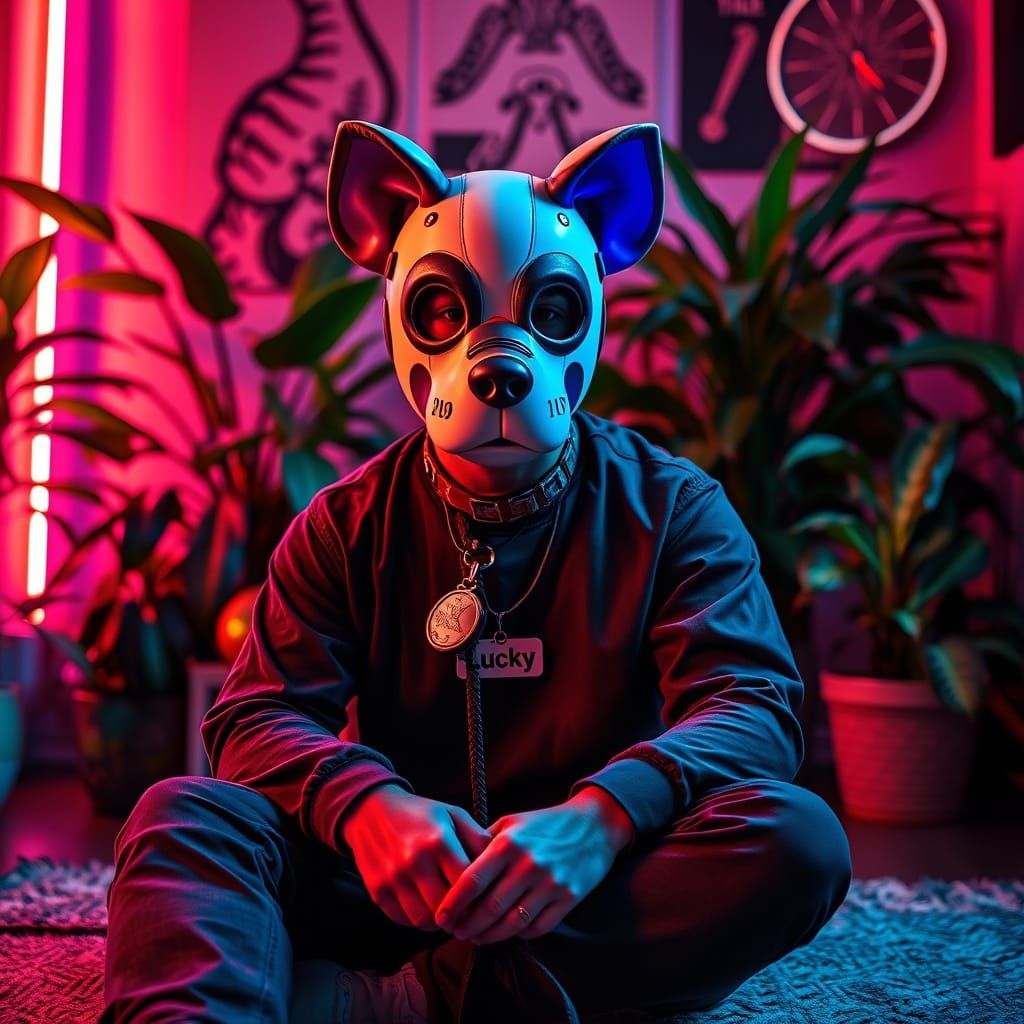 Man in Vibrant King Pup Leather Mask Surrounded by Neon Ligh...