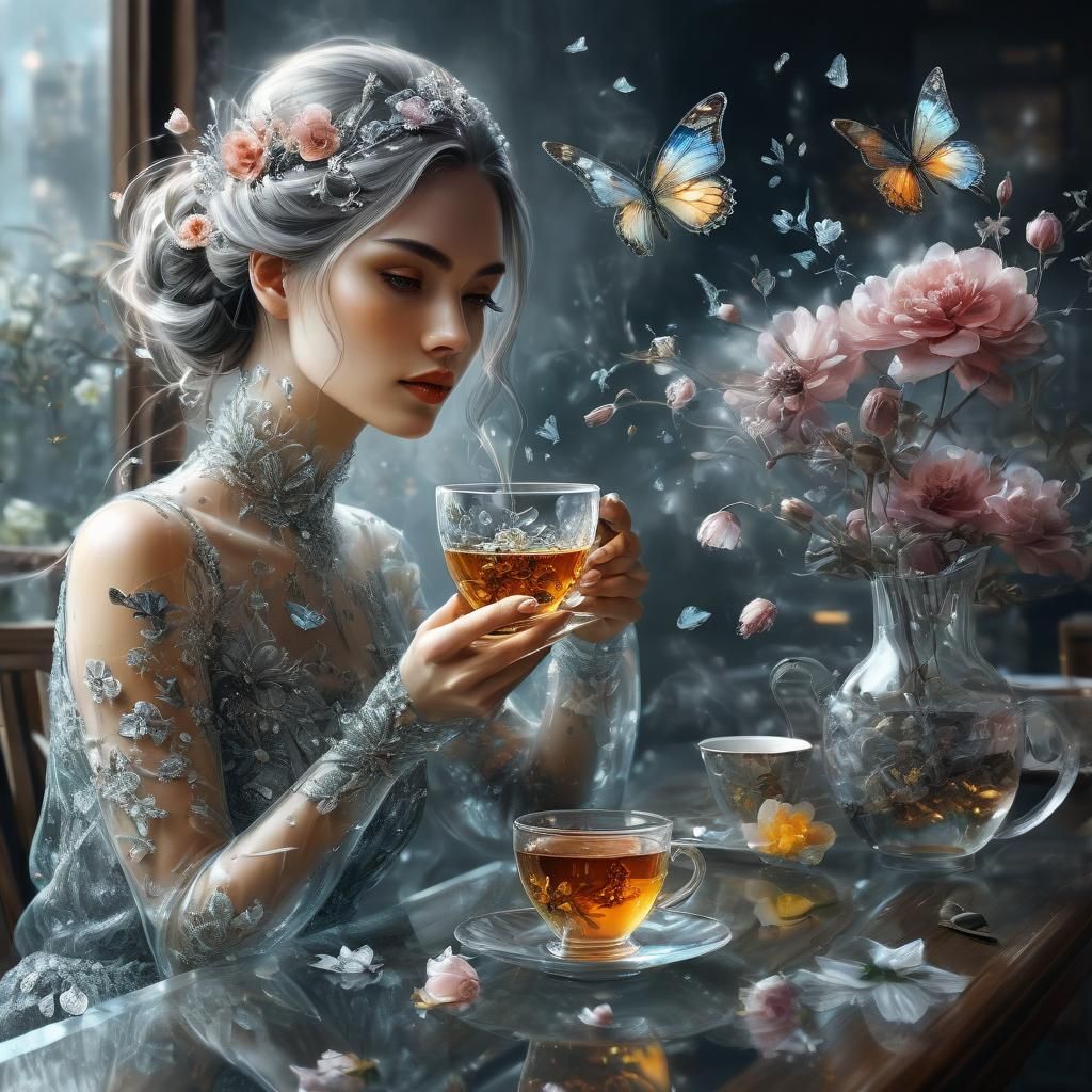Glass Girl with Flowers in Double Exposure Fantasy Art
