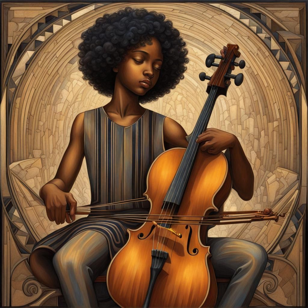 Young Black Teenager Playing Cello in Art Deco Style