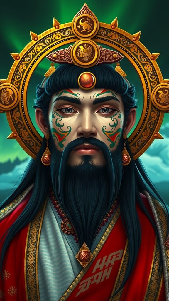 Regal Figure in Japanese-Inspired Cyberpunk Landscape