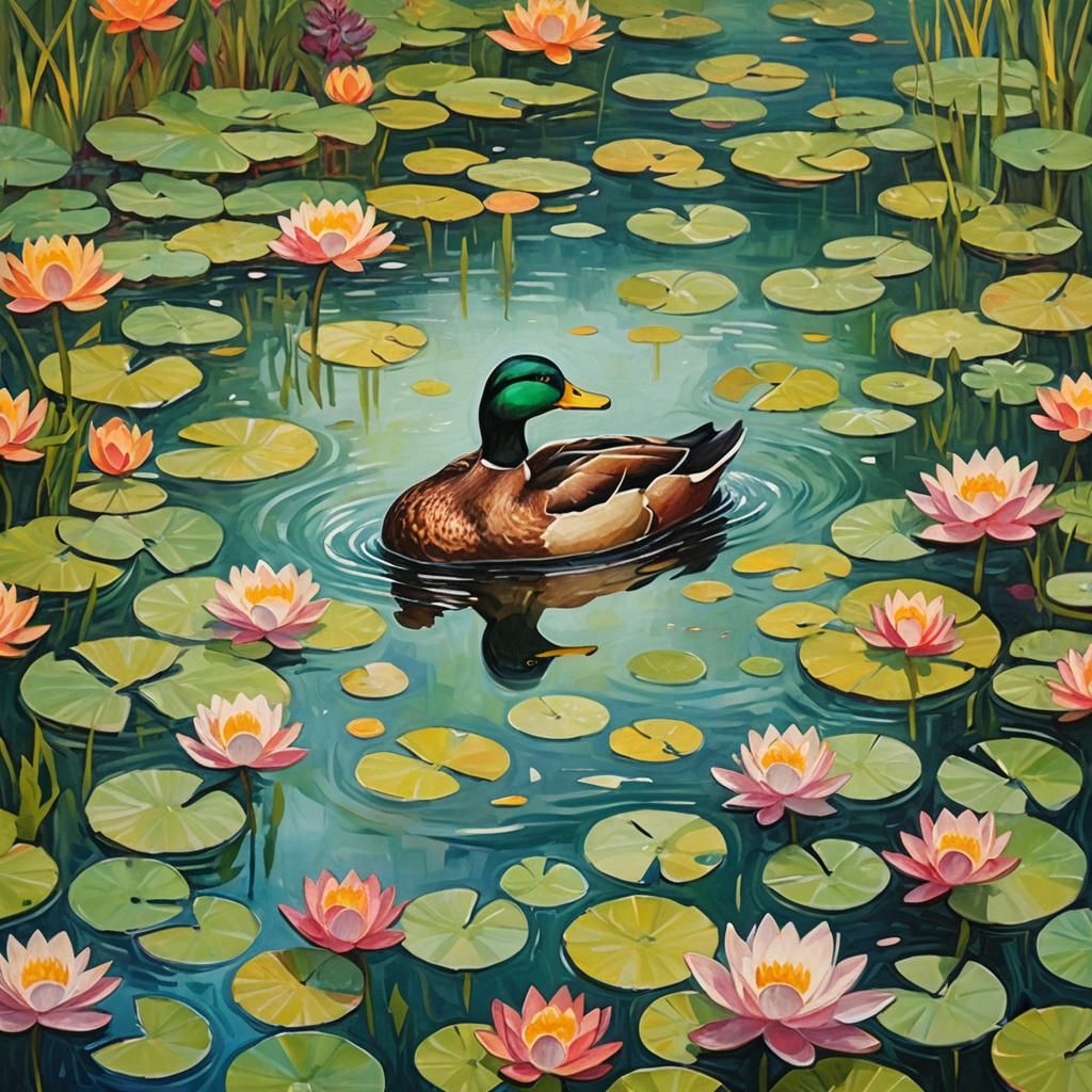 Duck Quacking in Pond as Impasto Gouache Painting