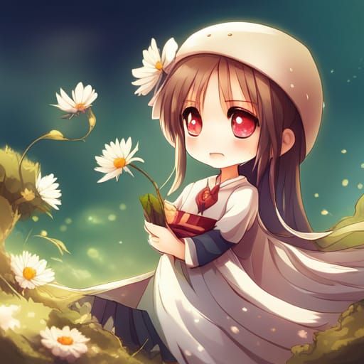 Chibi Girl Surrounded by Flowers in Anime Style