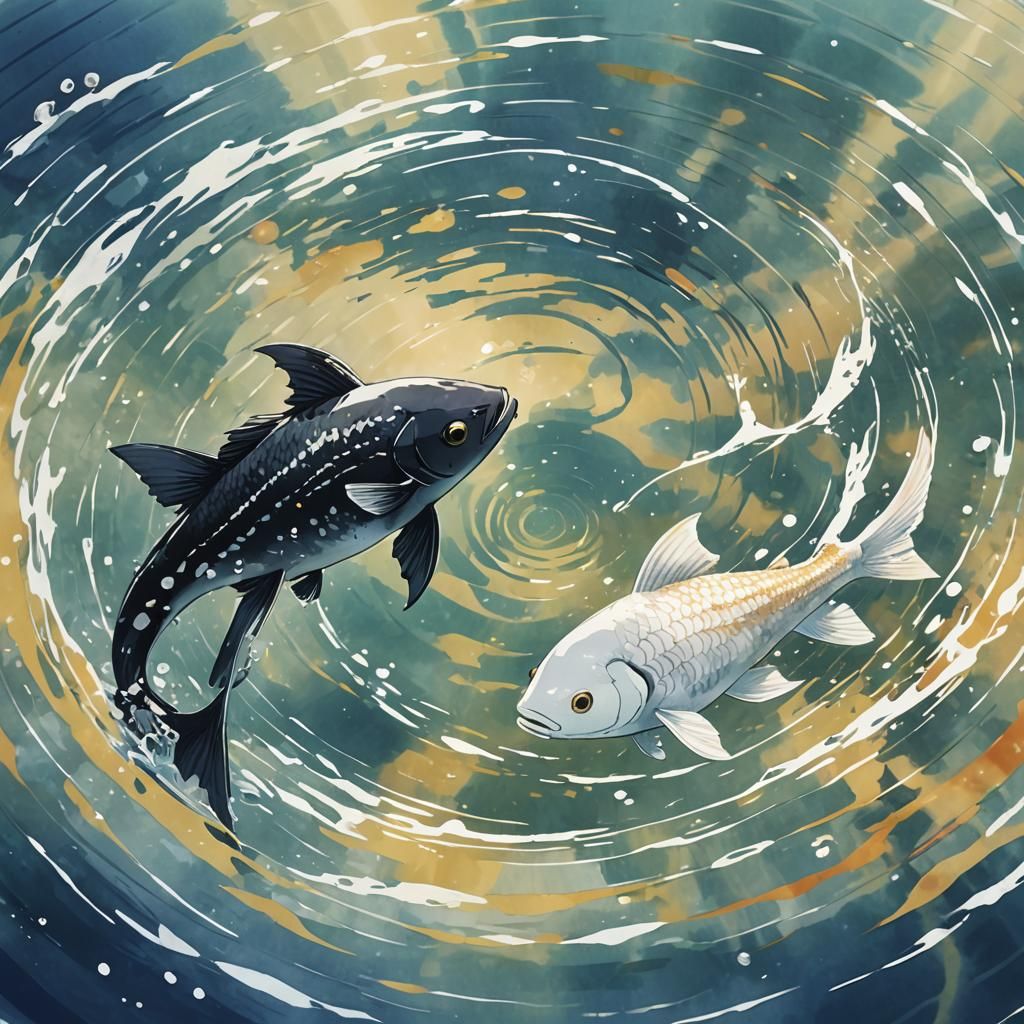 Vibrant Watercolor Anime Key Visual with Swinging Fish in a...