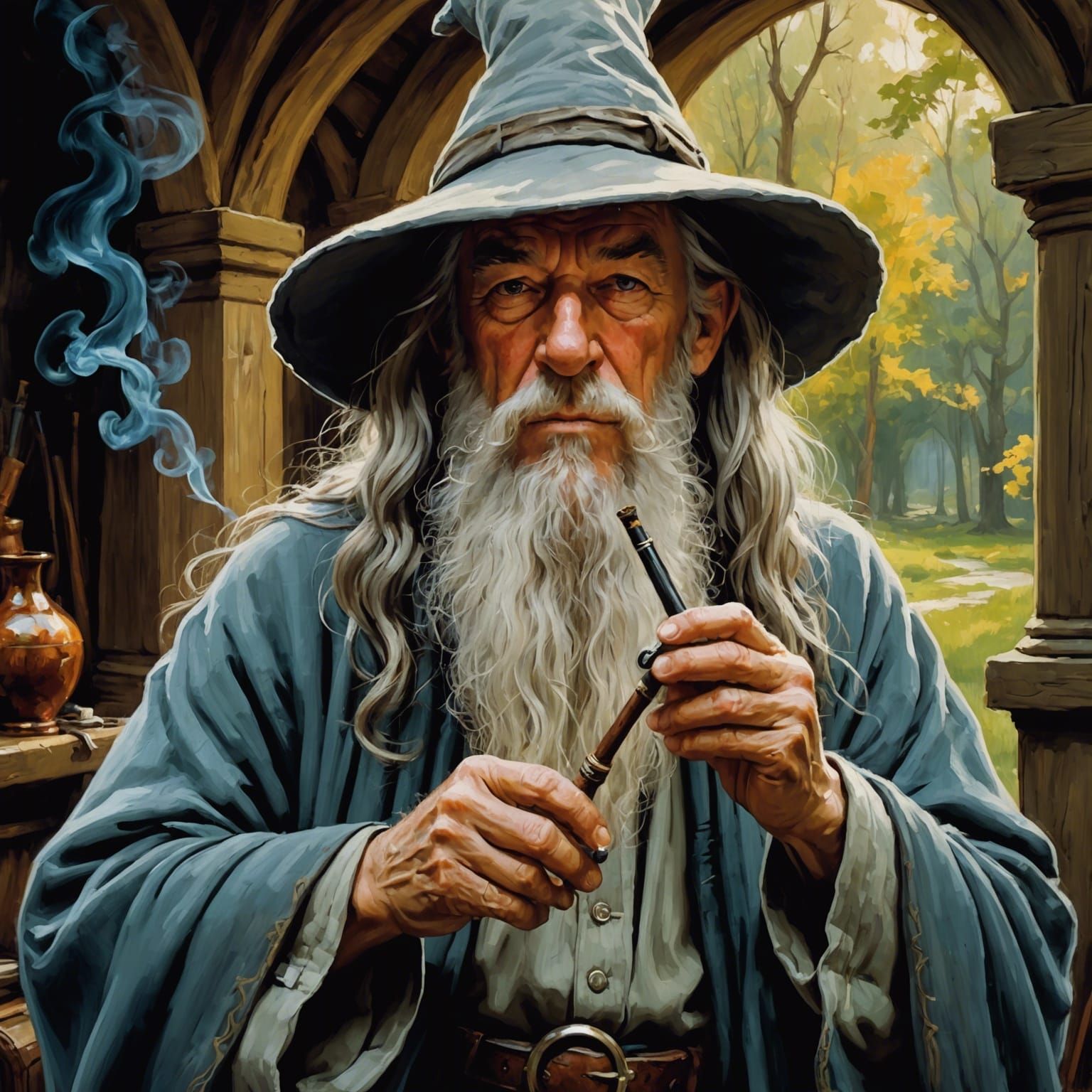 Gandalf Smoking Pipe, Oil Painting Style