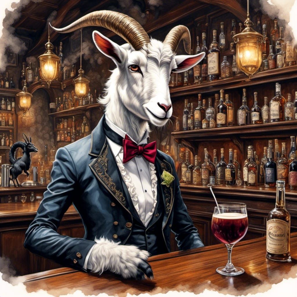 Victorian Goat Bartender in Ink and Pencil Style