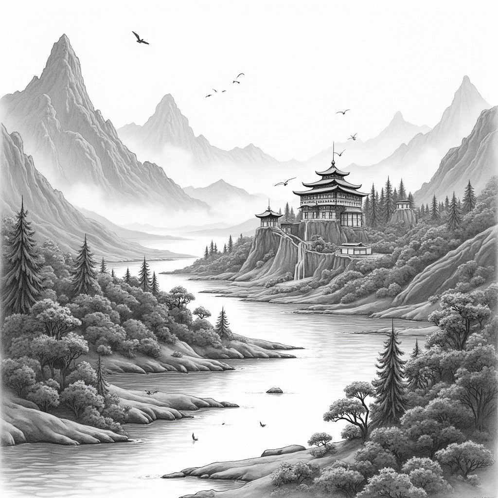Detailed Ink Landscape Drawing in Traditional Style