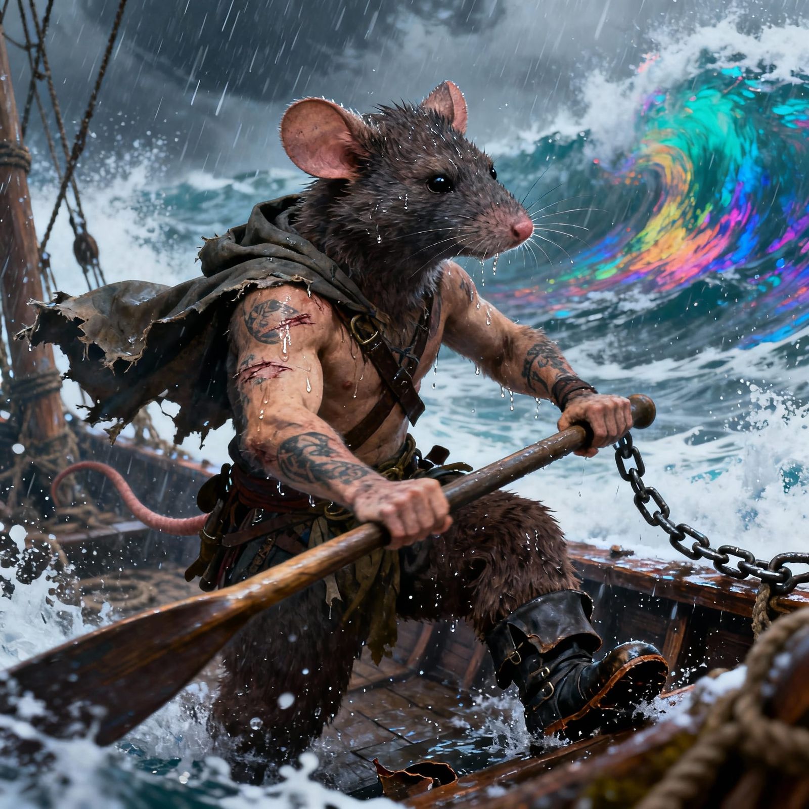Mouse Wanderer Rows Pirate Bear Galley in Stormy Seas