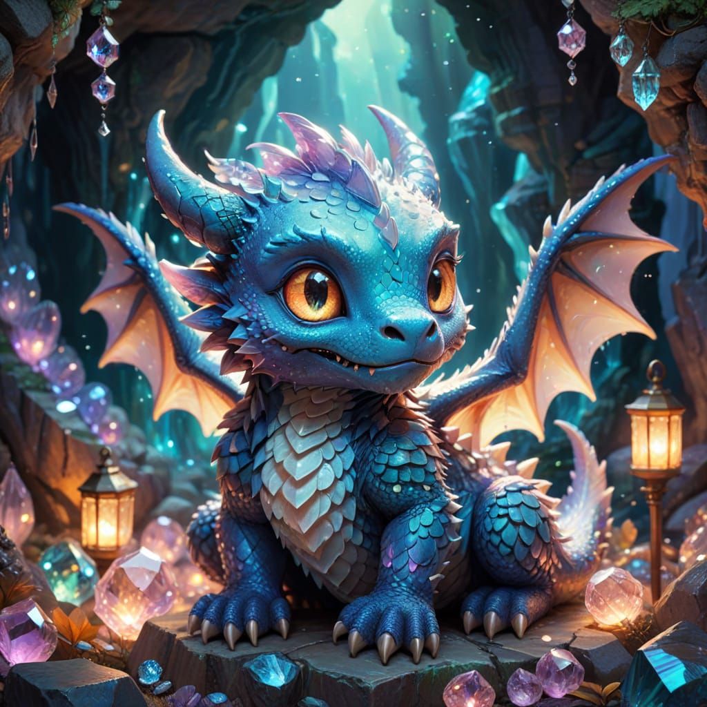 Cute Chibi Dragon on Crystals in Studio Ghibli Style