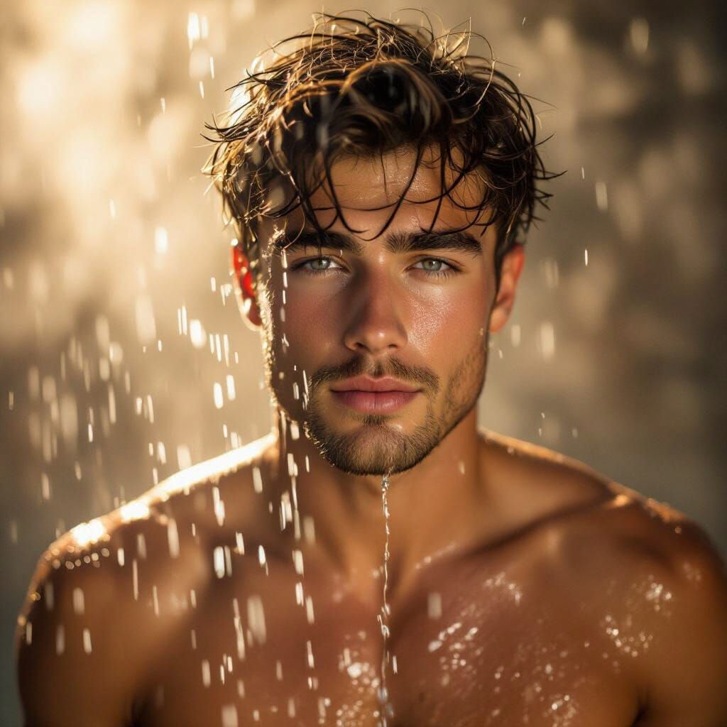 Handsome Man Showering in Soft, Golden Light
