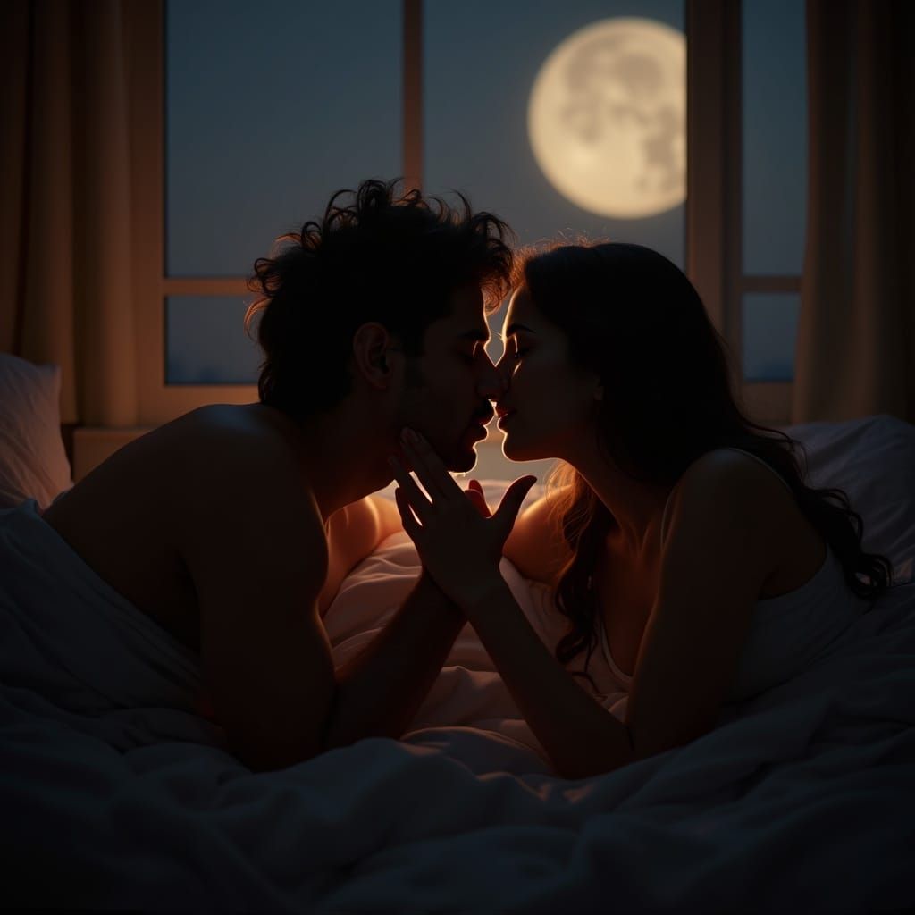 Passionate Indian Couple Kissing in Moonlight