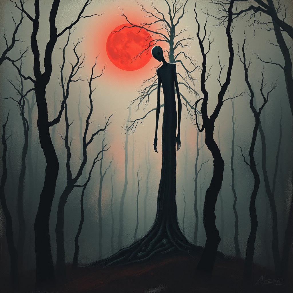 Slenderman in Mist-Shrouded Forest Under Blood Moon