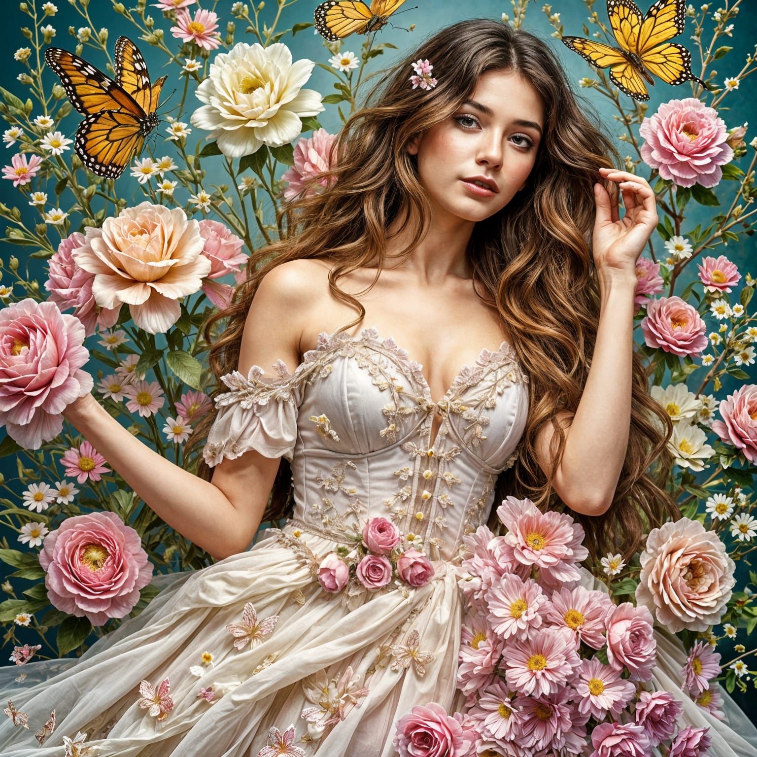 Beautiful Woman Surrounded by Flowers: Hyperrealistic Portra...