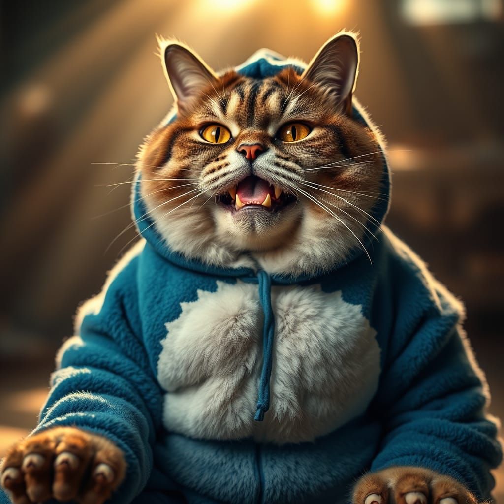 Plump Feline in Electric Blue Shark Onesie