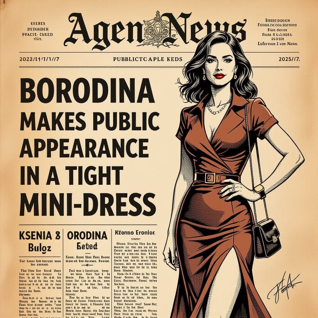 Aged Newspaper Sketch of Ksenia Borodina in Mini-Dress