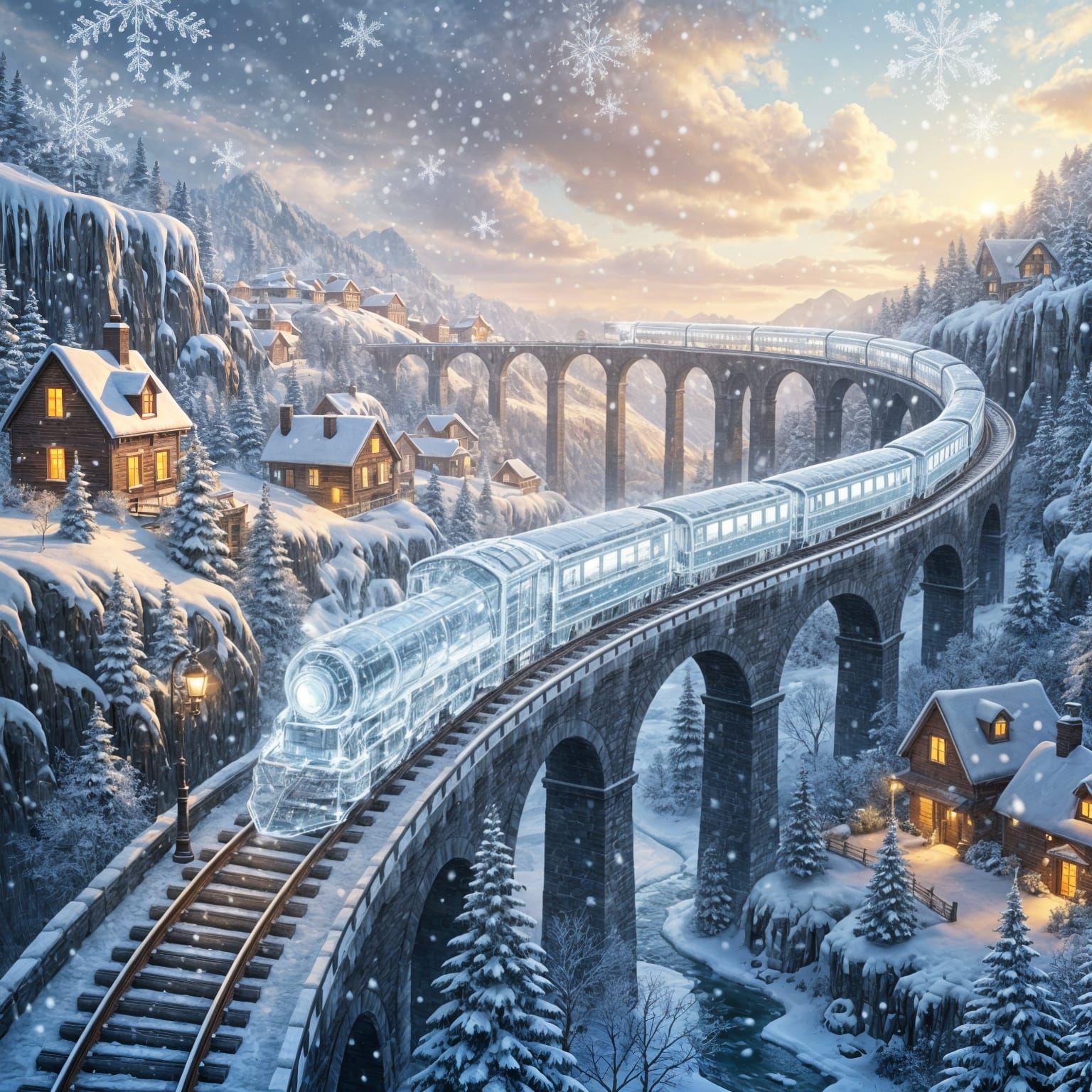 Magical Crystal Train in Snowy Fantasy Landscape