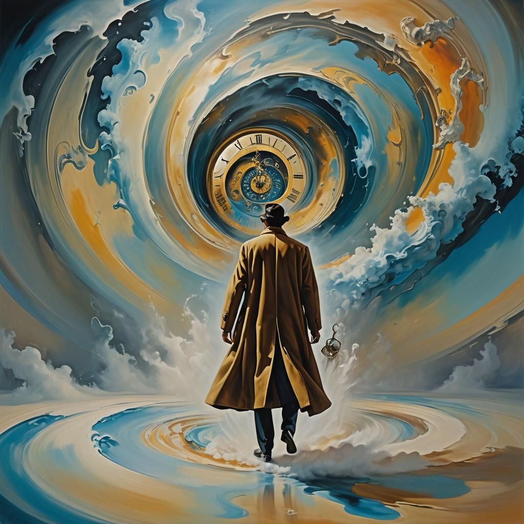 Surreal Figure Enters Vortex with Distorted Architecture