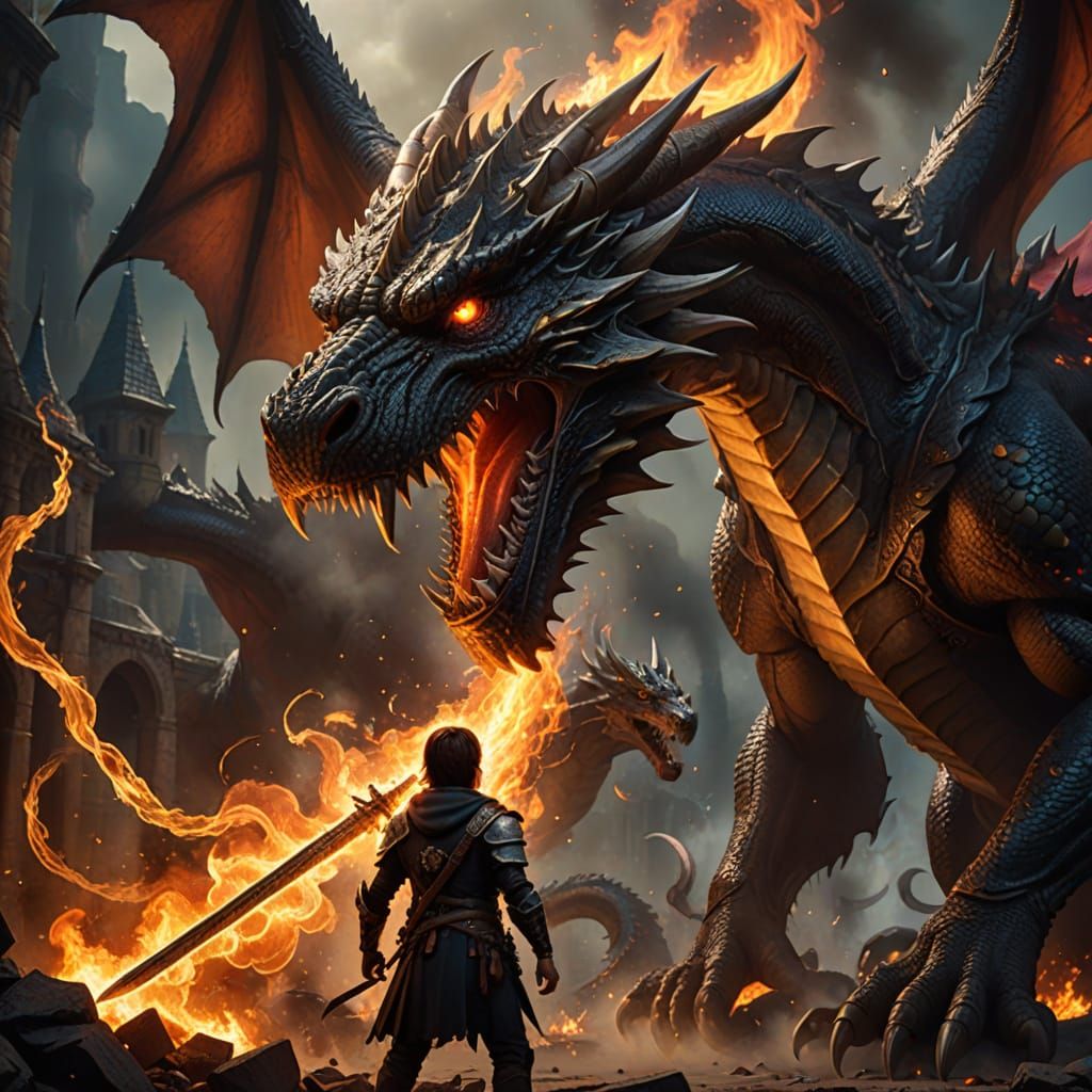 Epic Fantasy Boy Battles Fire Dragon in Vibrant Matte Painti...