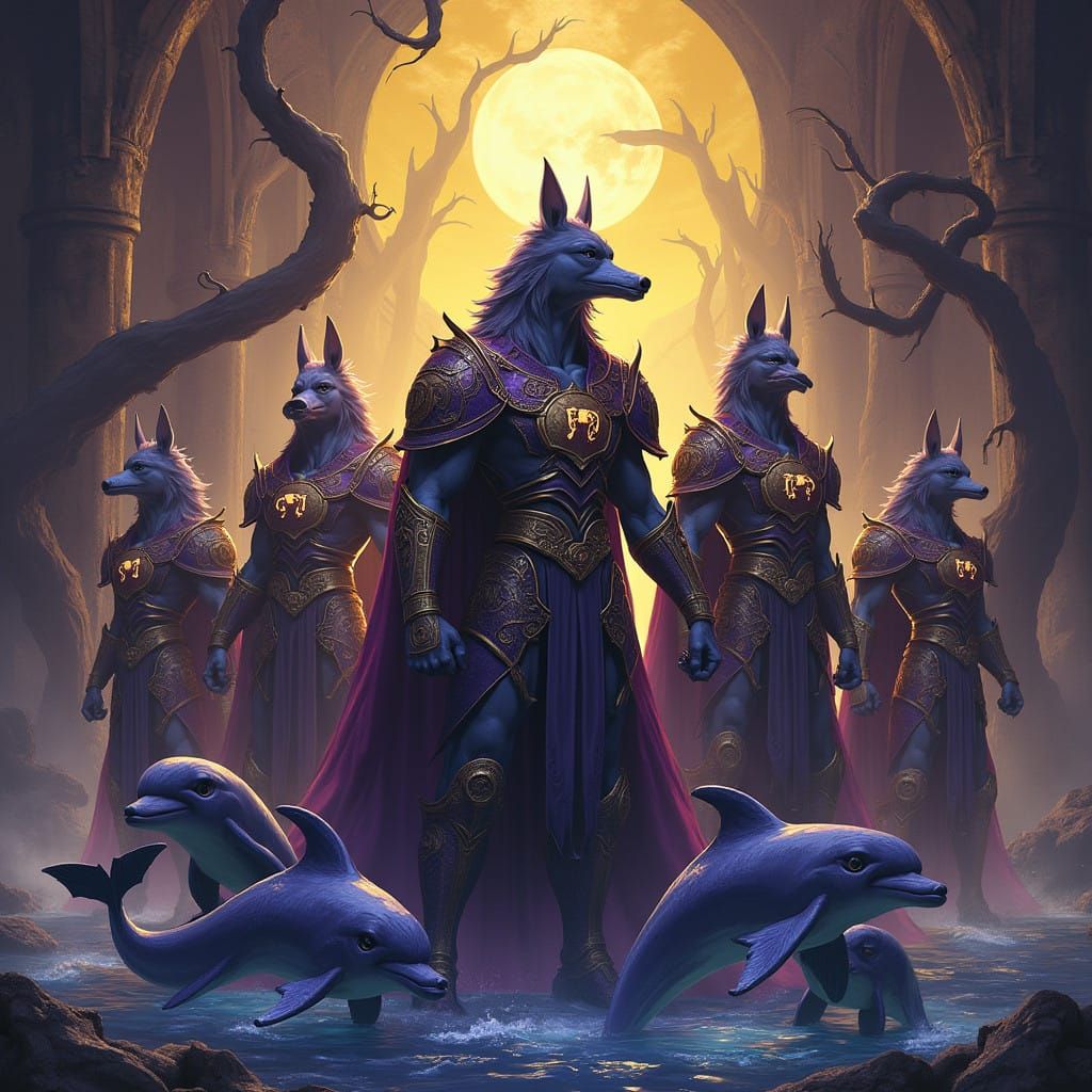 Heroic Furry Warriors with Majestic Dolphins in Dark Fantasy...
