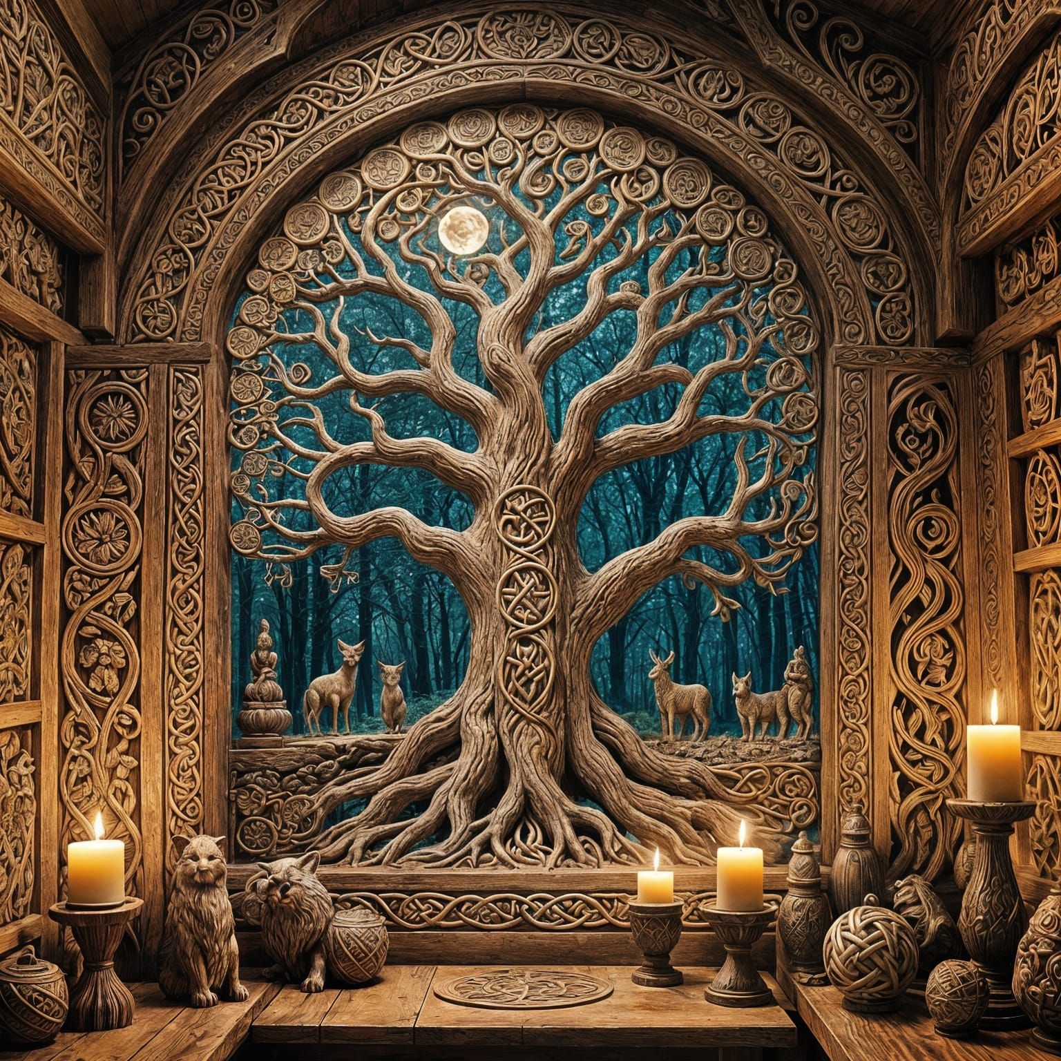 Woodcarver's Sanctuary with Celtic Tree in Candlelight
