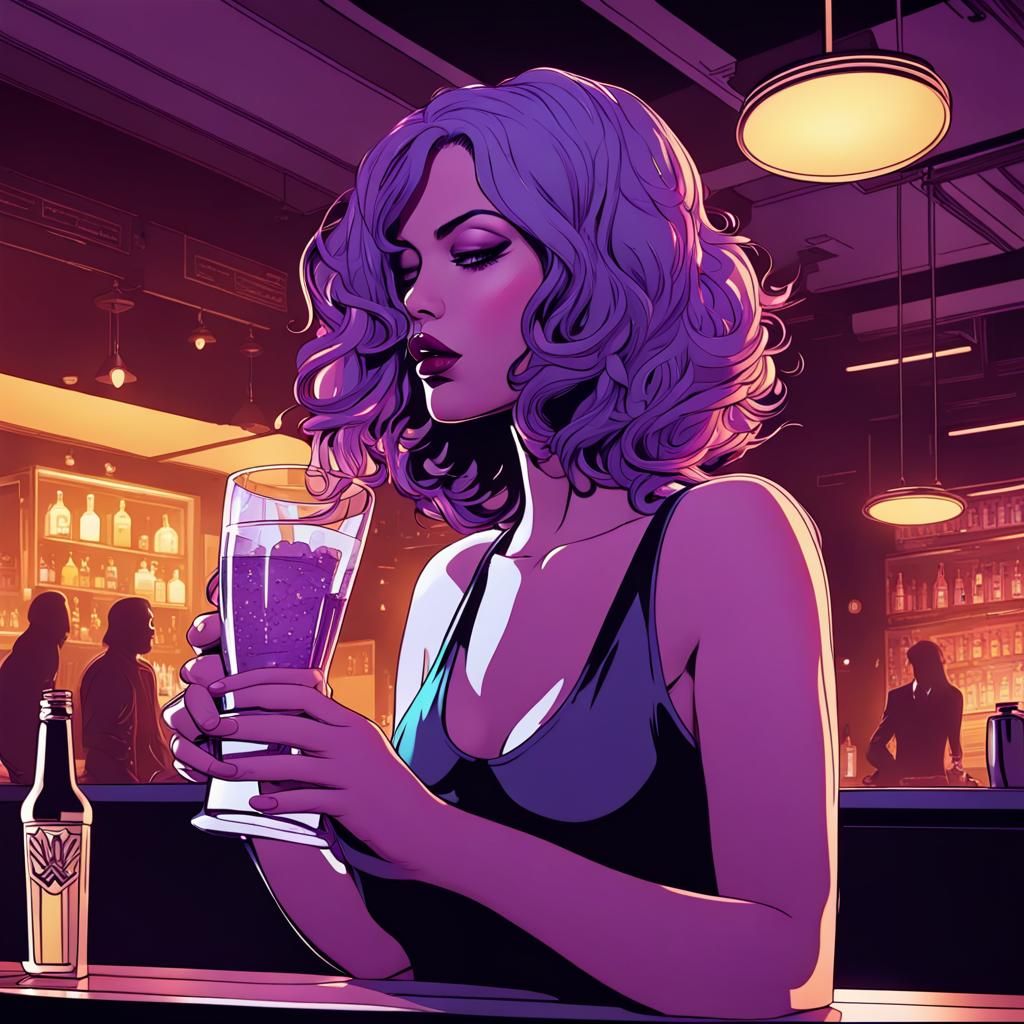 Purple-Haired Woman in Volumetric Light Comicbook Art