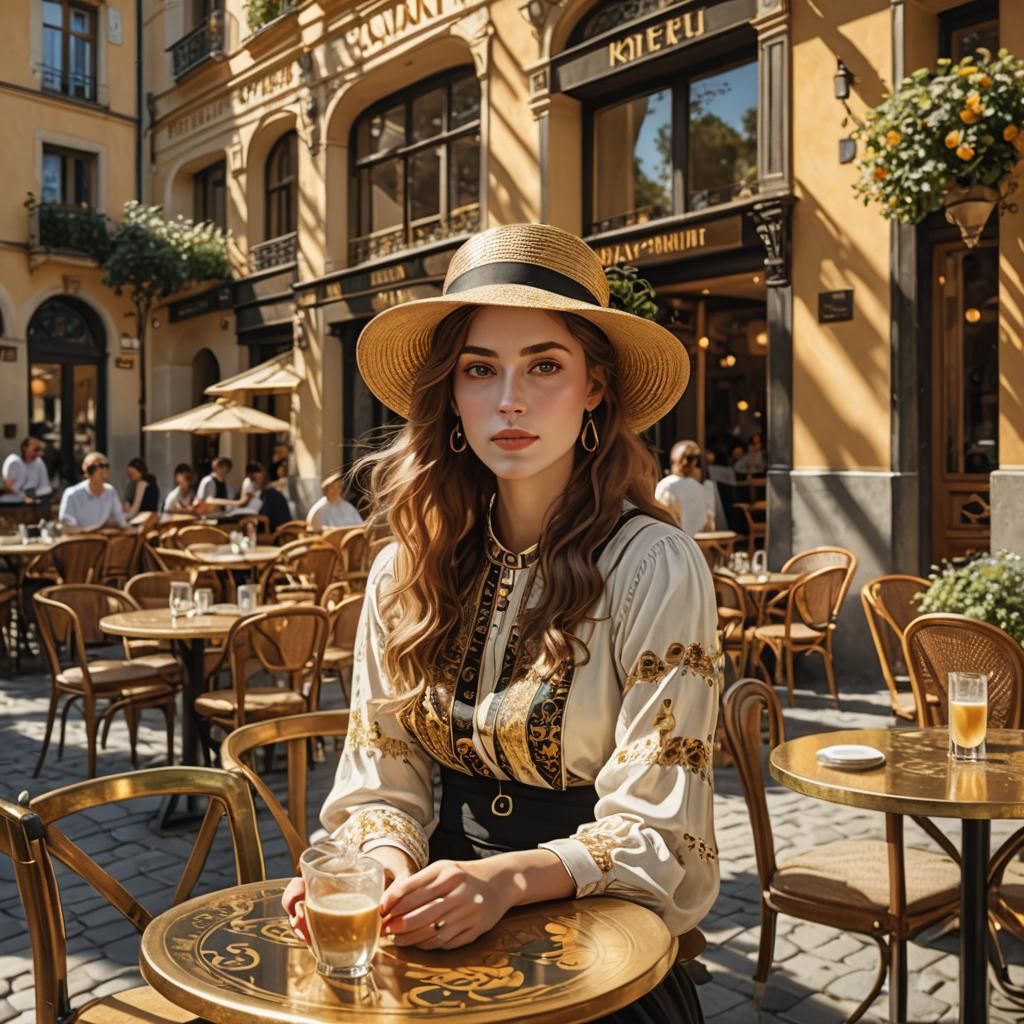 Girl in Sunny Cafe, Art Nouveau Style