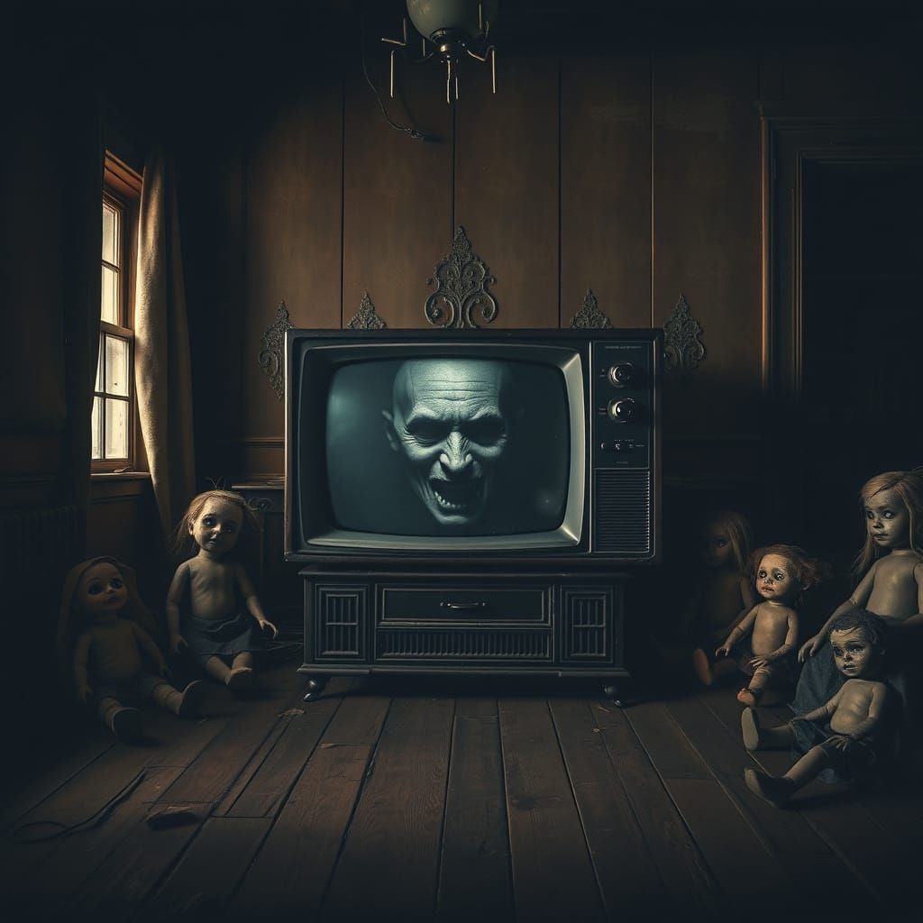 Eerie TV in Abandoned Room: Film Noir Aesthetic