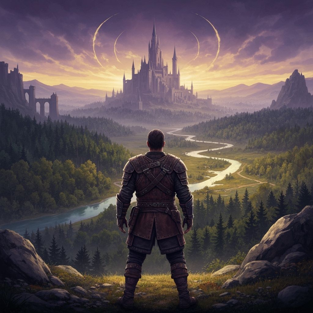 Epic Medieval Fantasy Landscape with Adventurer, Dark Fantas...