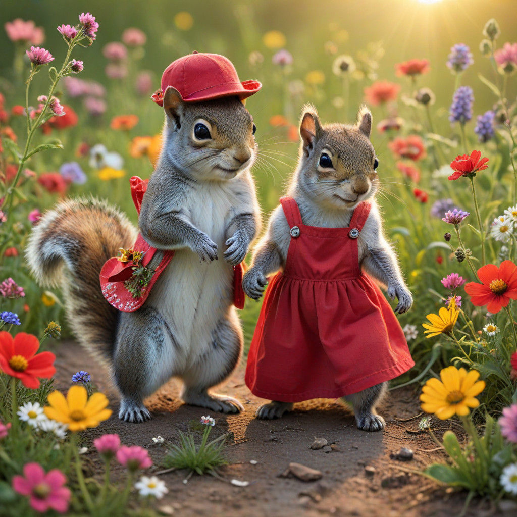 Whimsical Summer Meadow Scene with Squirrels in Floral Attir...