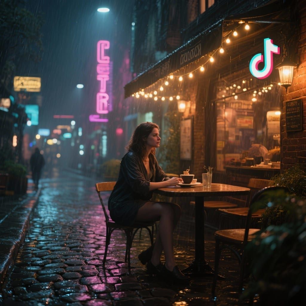 Cozy Cafe at Night in Cyberpunk Style