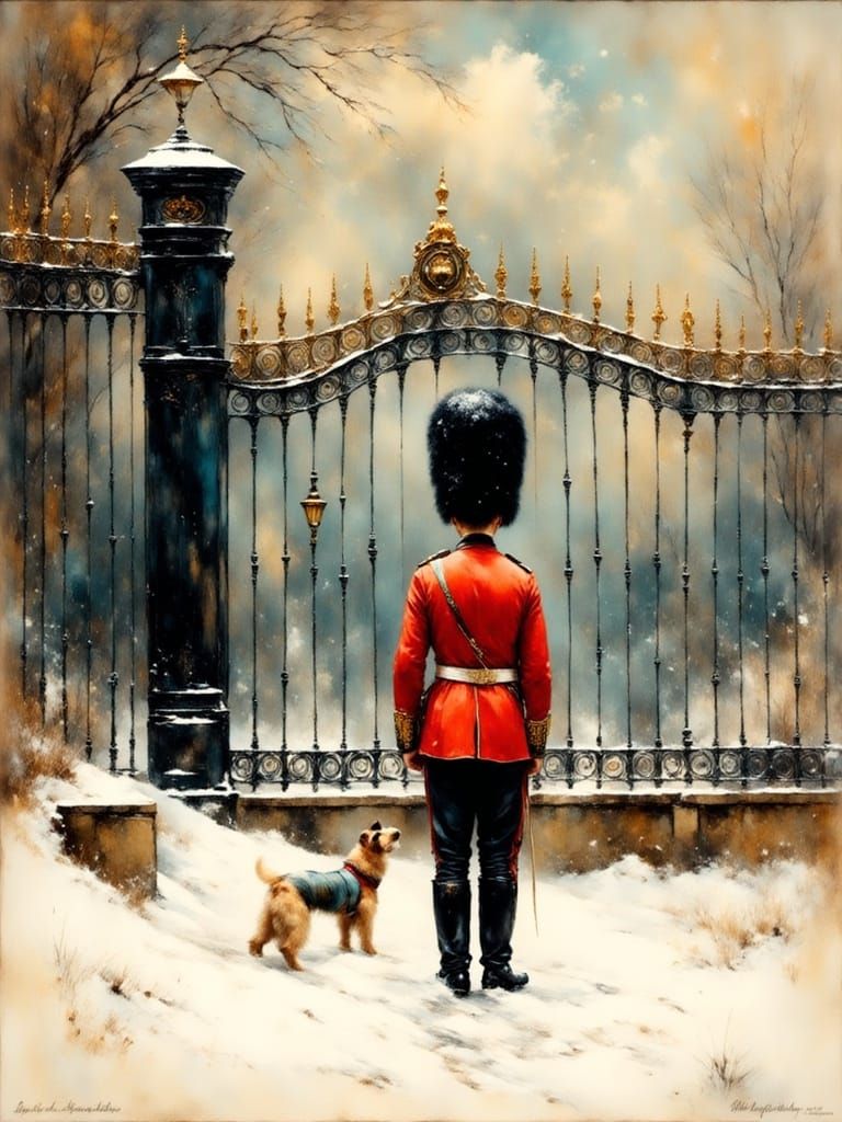 Sad Royal Guard in Snow with Dog, Children's Book Style