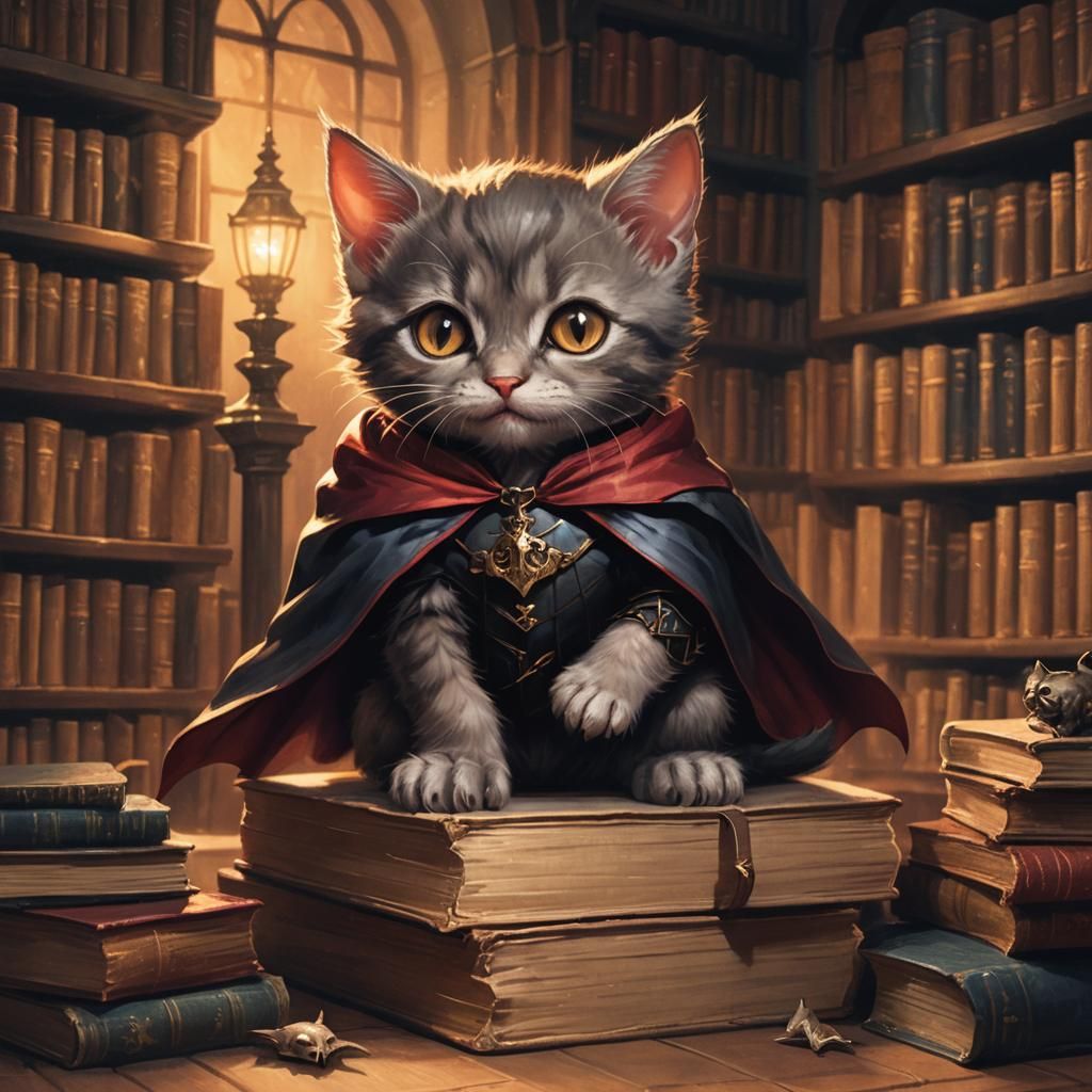Vampire Kitten in Mystical Library: Dark Fantasy Illustratio...