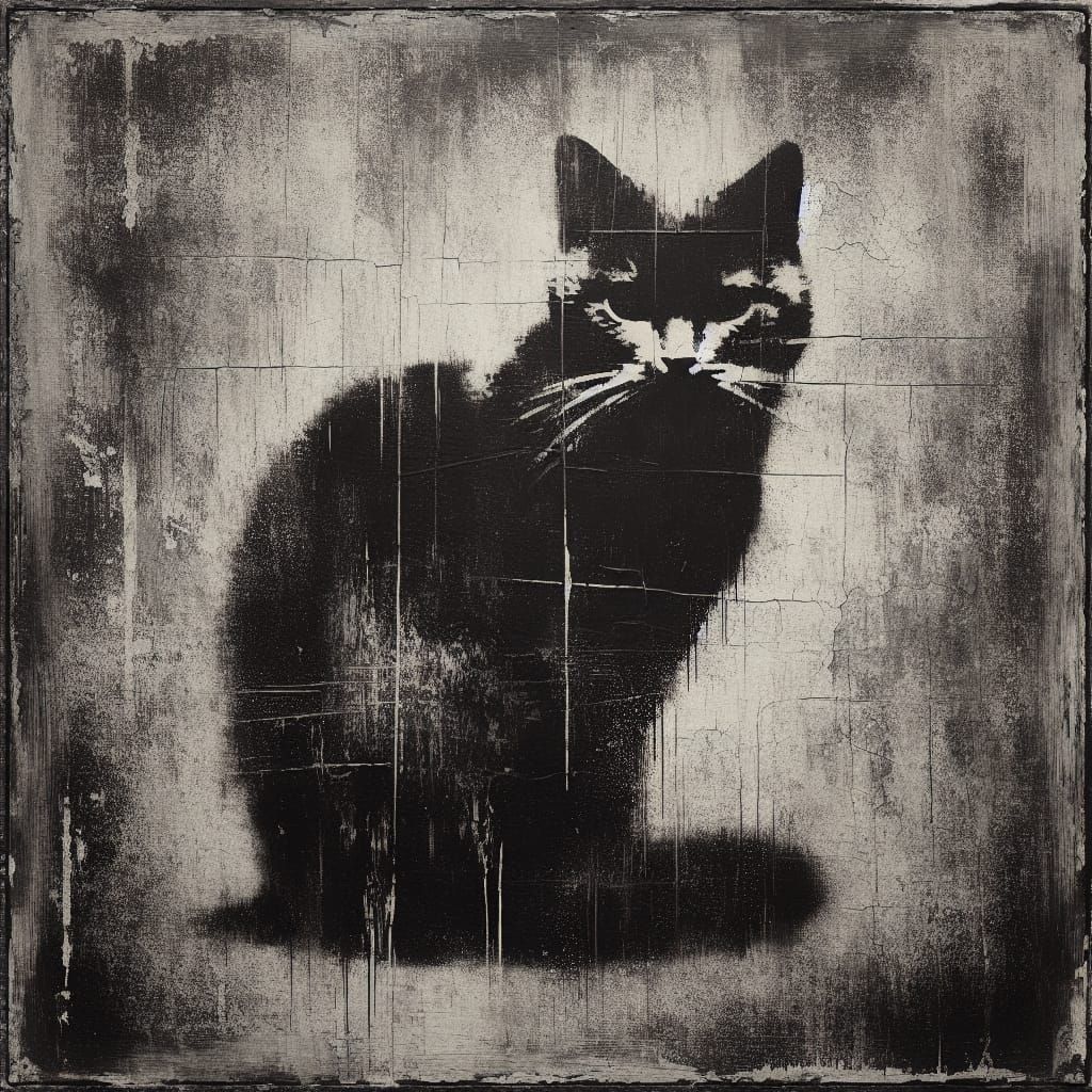 Monochromatic Oil Painting of a Black Cat in Expressionist S...