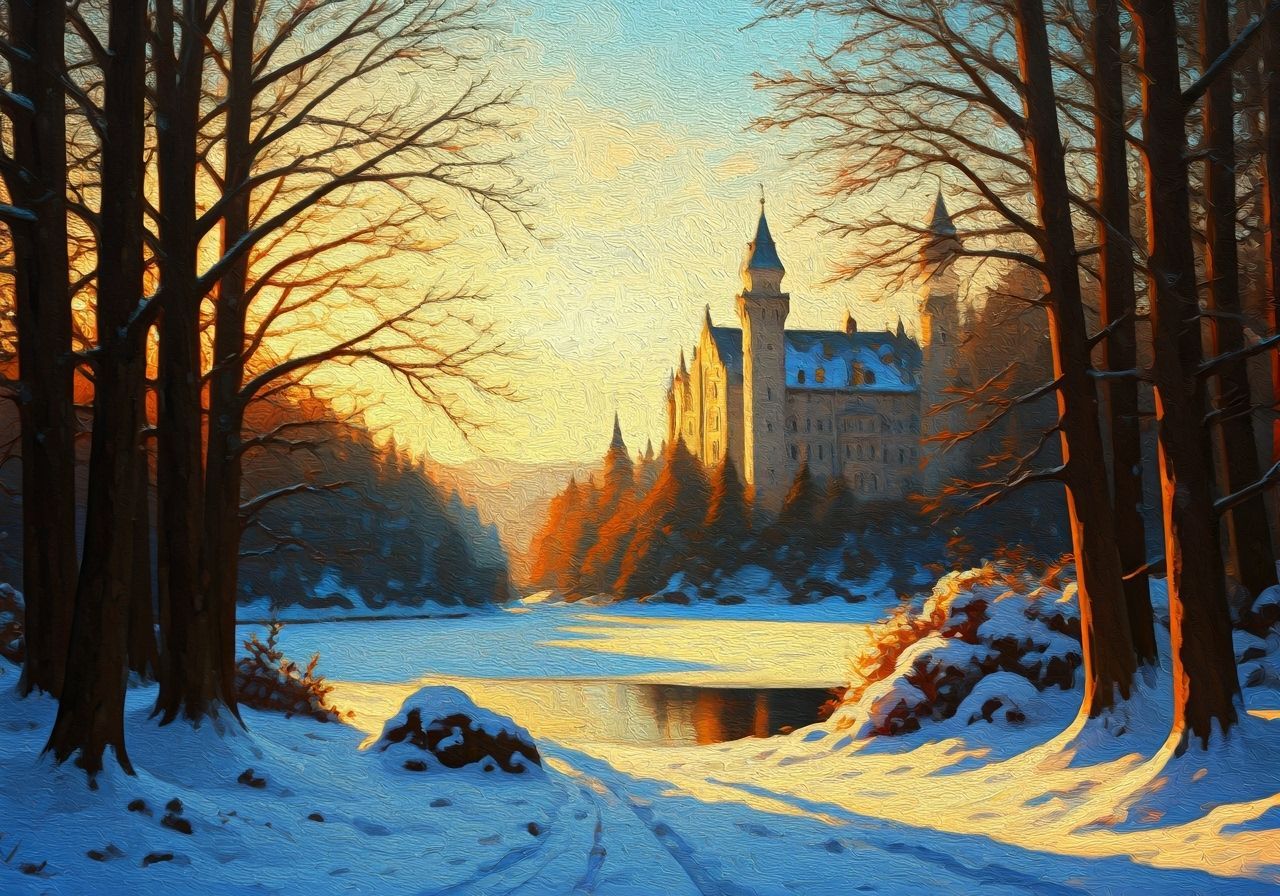 Neuschwanstein Castle in Winter Oil Painting