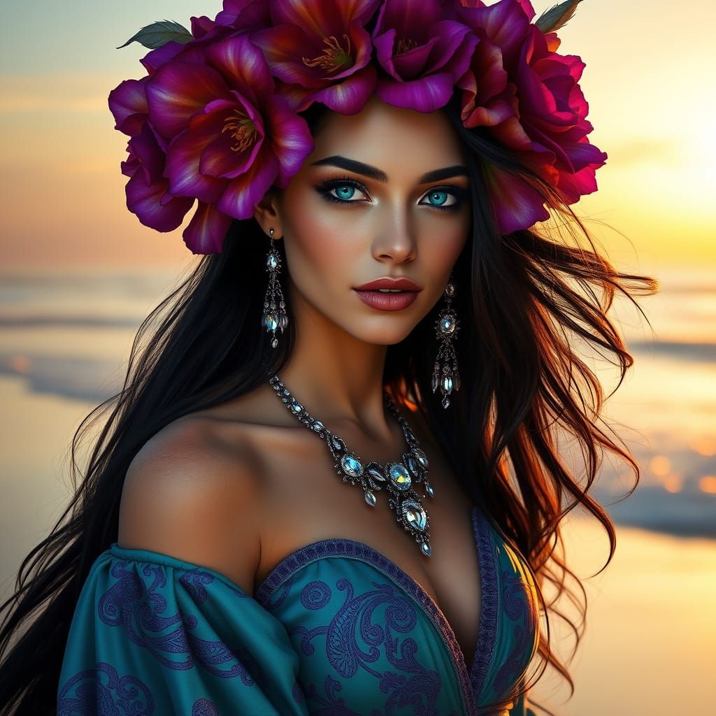 Beautiful woman with long, black hair. She wears a floral cr...