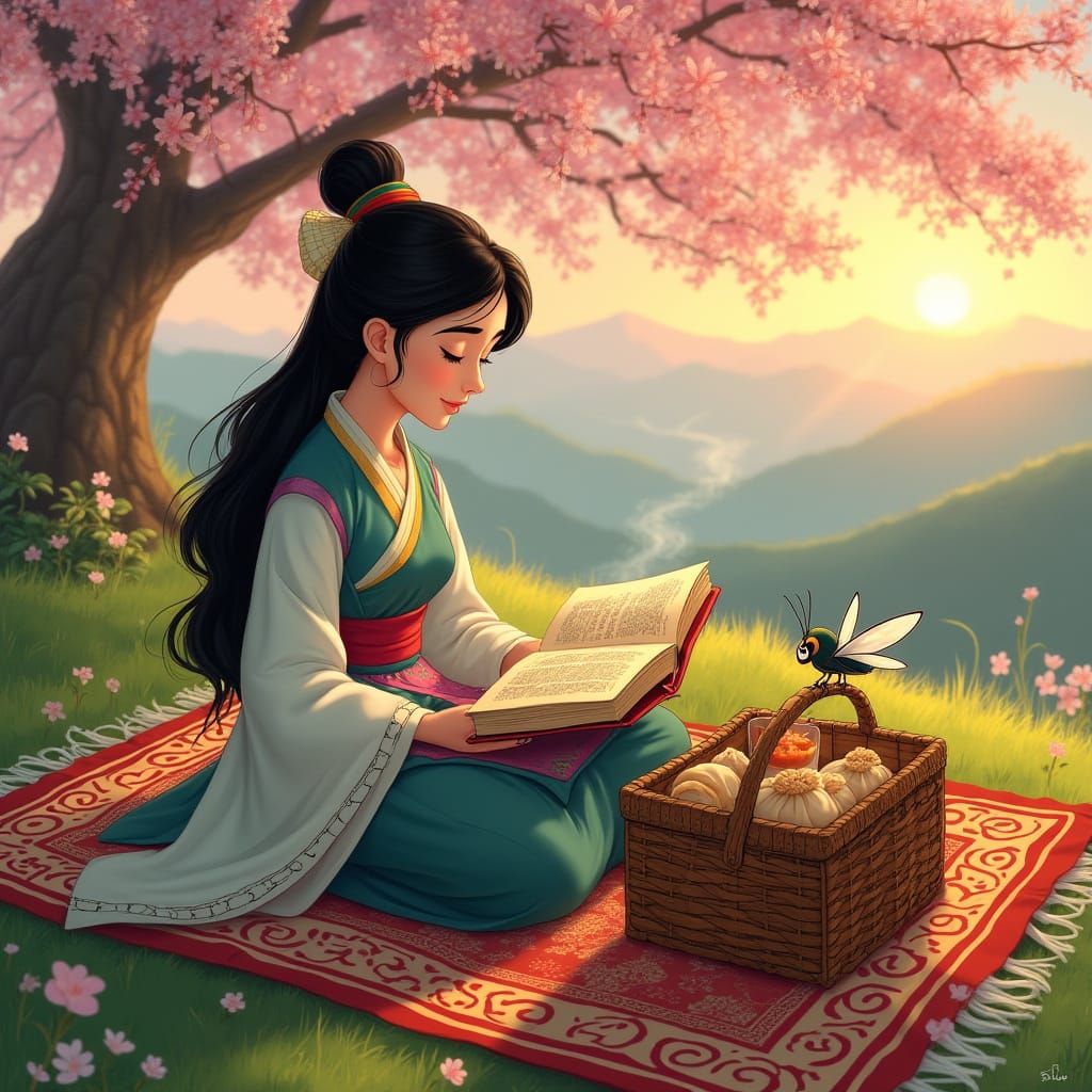Mulan in Serene Chinese Garden Landscape with Hanfu