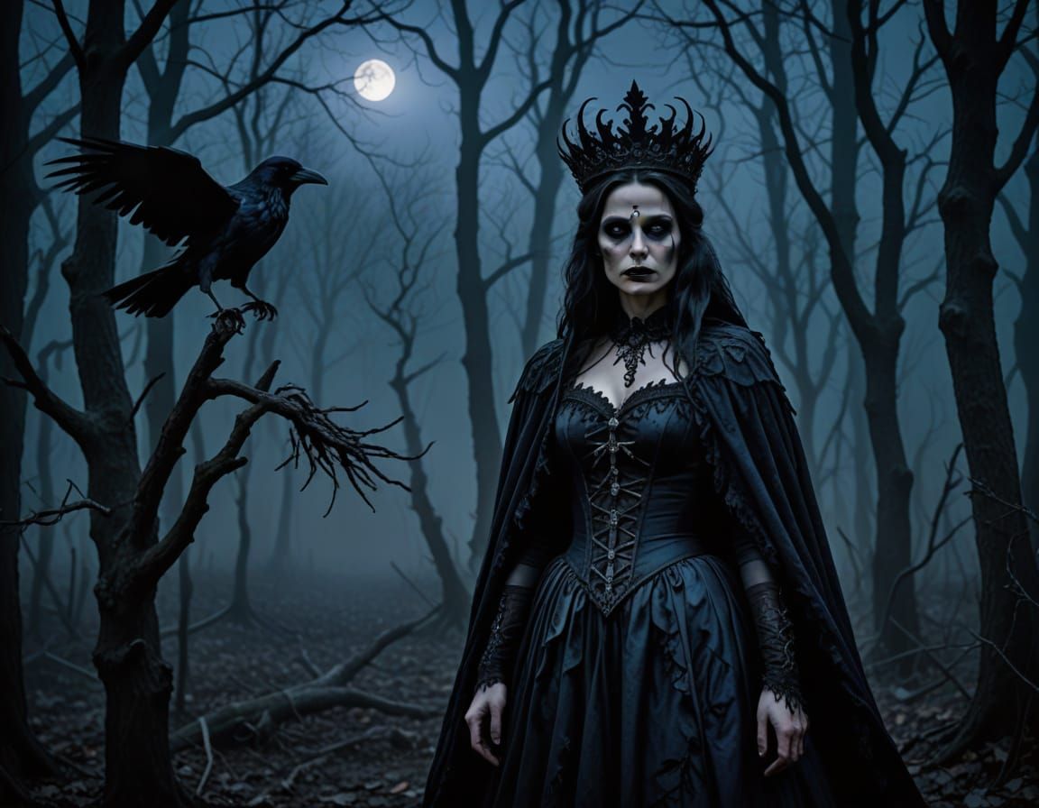 Gothic Raven Queen in Eerie Halloween Forest