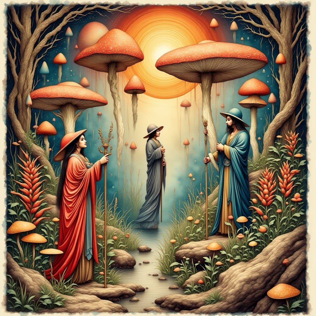 Mystical Beings Create Flora in Woodblock Print Style