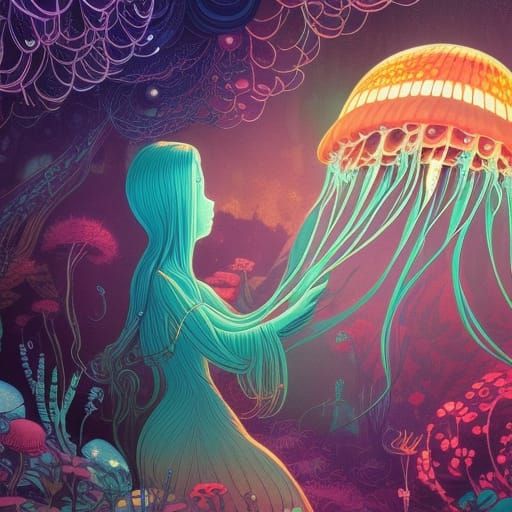 Girl and Glowing Jellyfish in Enchanted Forest