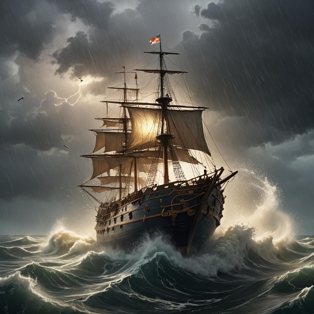 Mystical Box Ship Sailing Stormy Seas