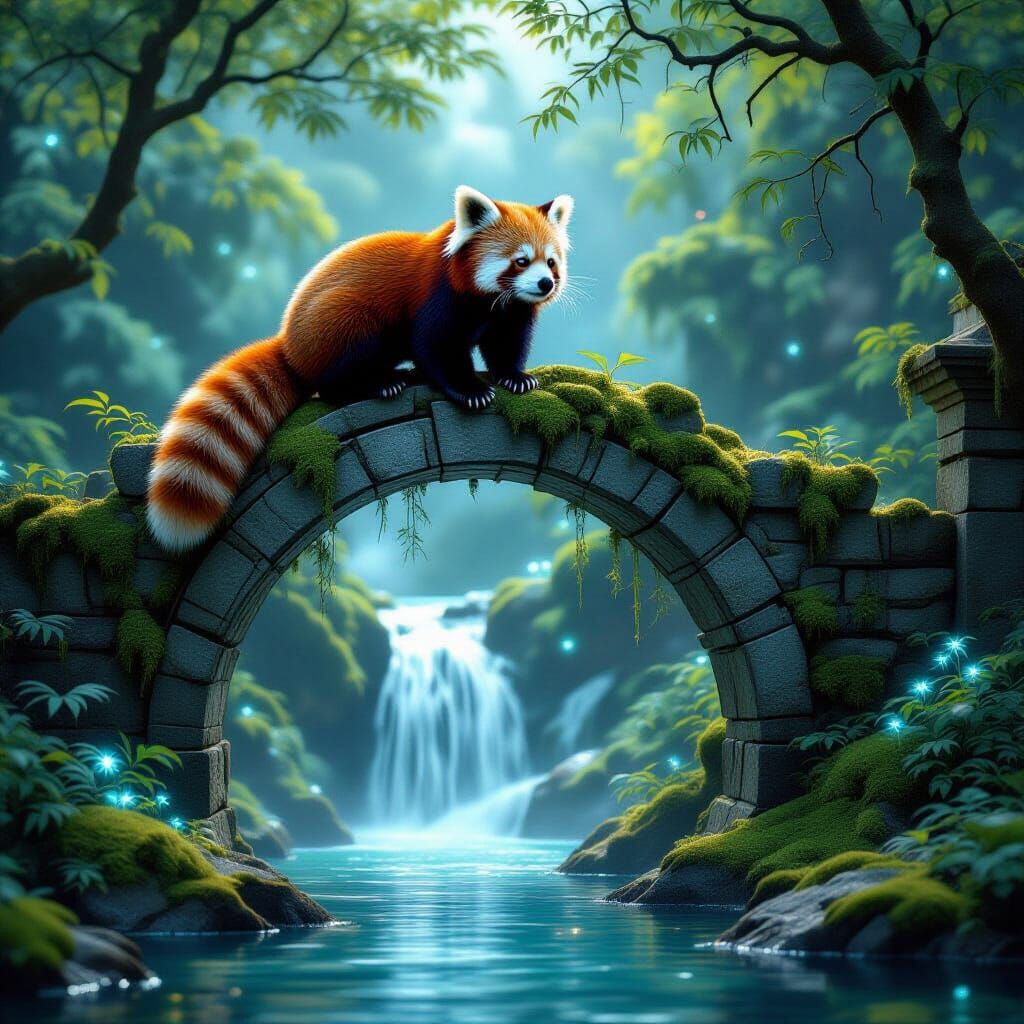 Red Panda on Enchanted Moss Bridge, Painterly Style