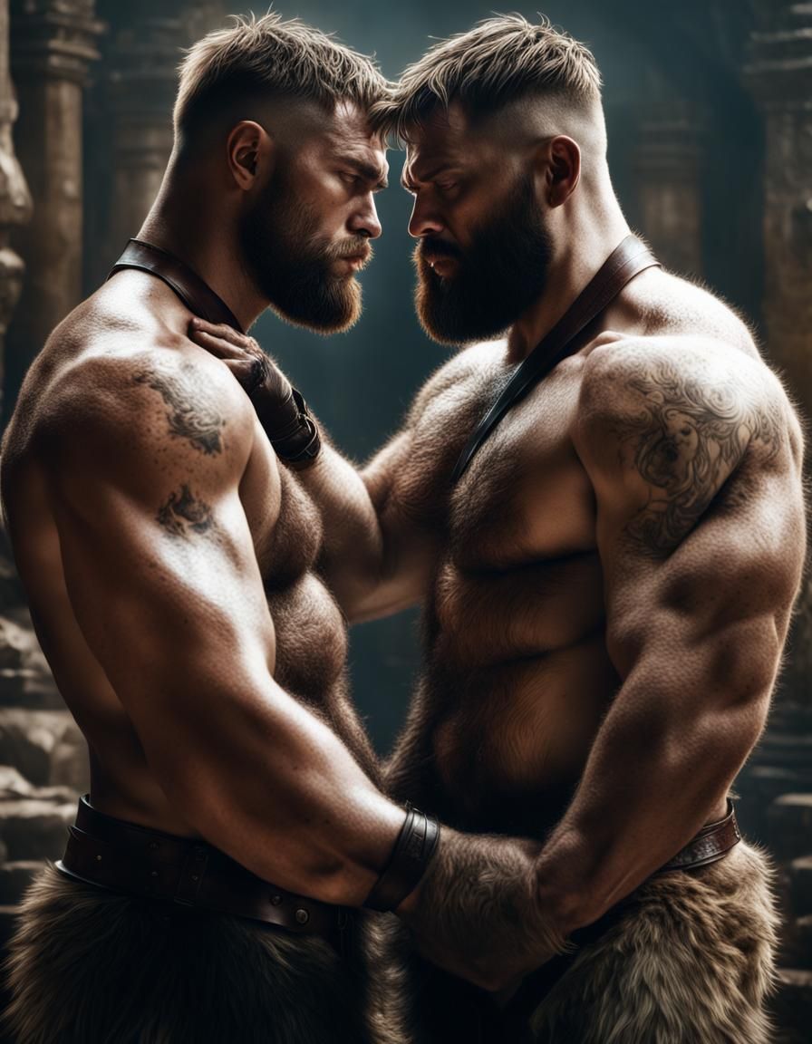 Tender Moment: Two Men in Fur Loincloths, Digital Painting