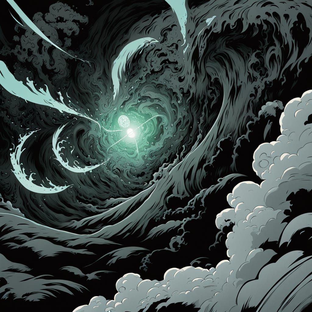 Cinematic Biomechanical Eye in Swirling Fog